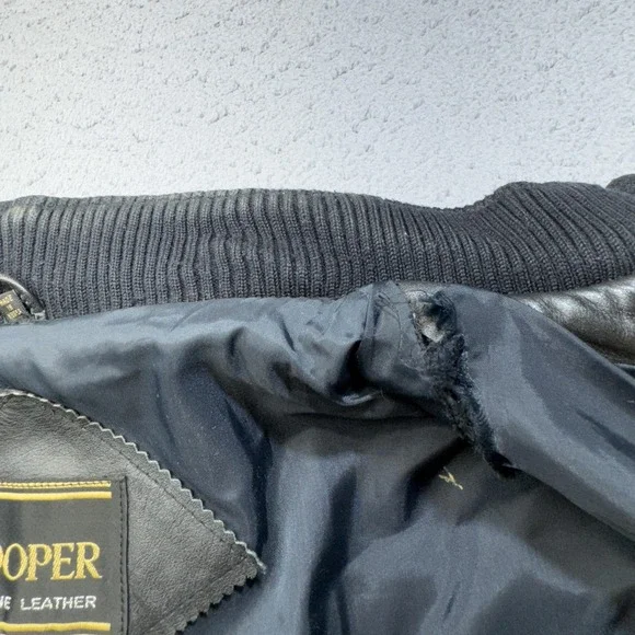 Vintage Cooper Leather Jacket Mens 46 Black Bomber Flight Epaulets Band Hand 80s